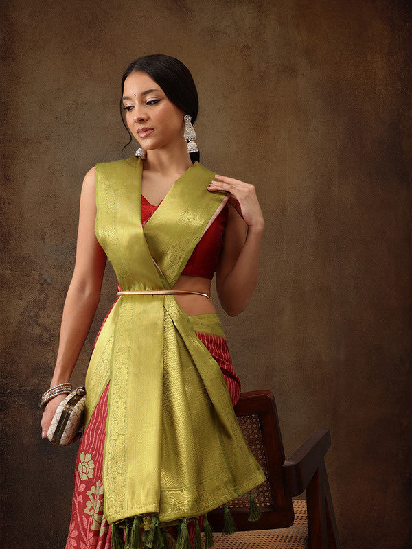 Red Kanjeevaram Silk Digital Print Floral Saree with Unstitched Blouse - Hiral Fashion