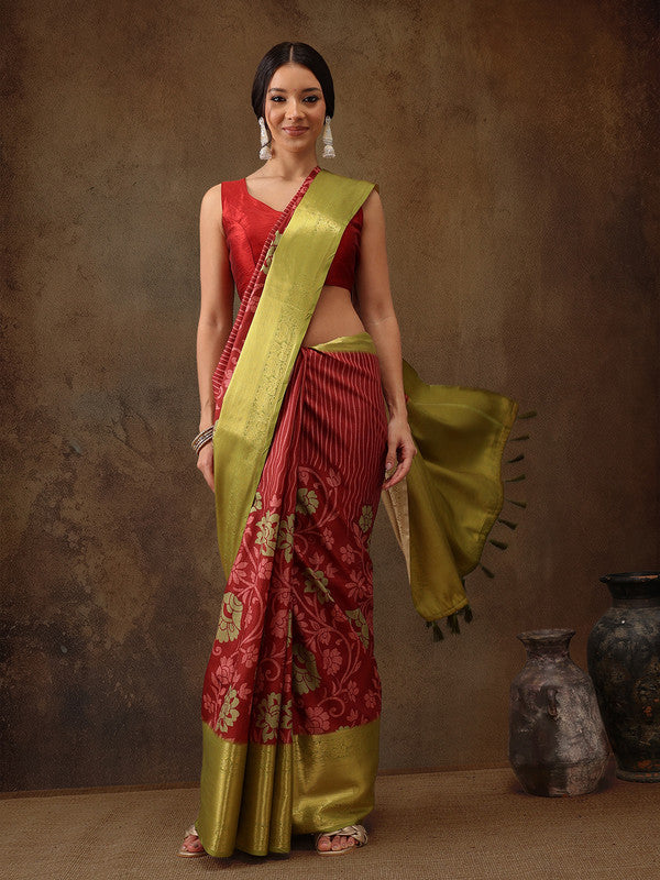 Red Kanjeevaram Silk Digital Print Floral Saree with Unstitched Blouse - Hiral Fashion