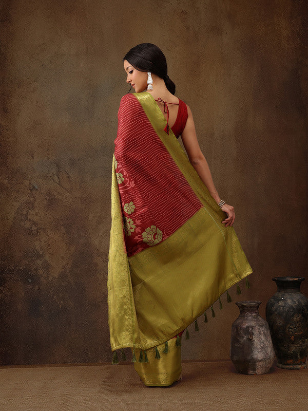Red Kanjeevaram Silk Digital Print Floral Saree with Unstitched Blouse - Hiral Fashion