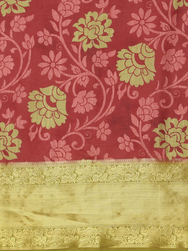 Red Kanjeevaram Silk Digital Print Floral Saree with Unstitched Blouse - Hiral Fashion