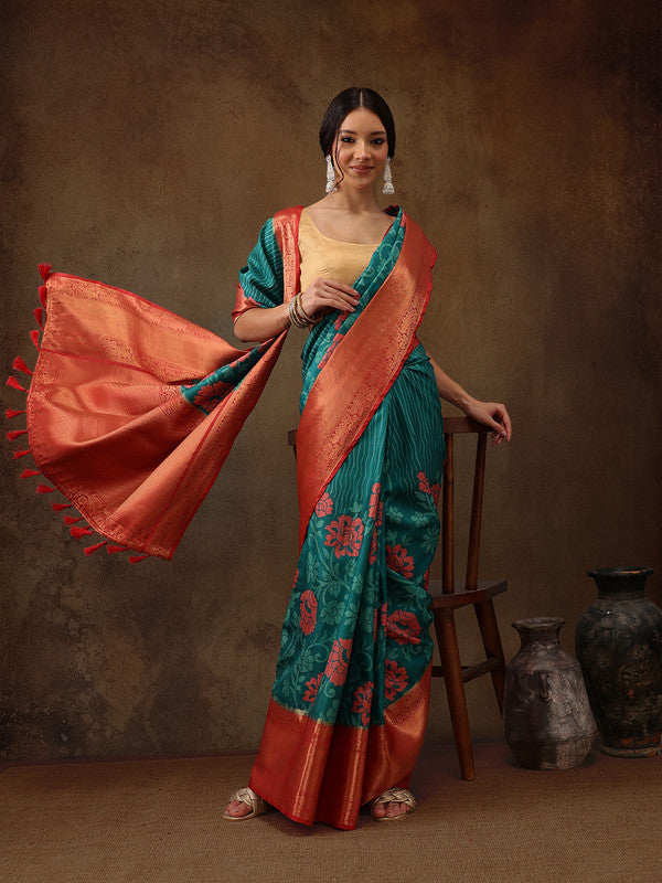 Turquoise Kanjeevaram Silk Digital Print Floral Saree with Unstitched Blouse - Hiral Fashion