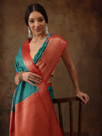 Turquoise Kanjeevaram Silk Digital Print Floral Saree with Unstitched Blouse - Hiral Fashion