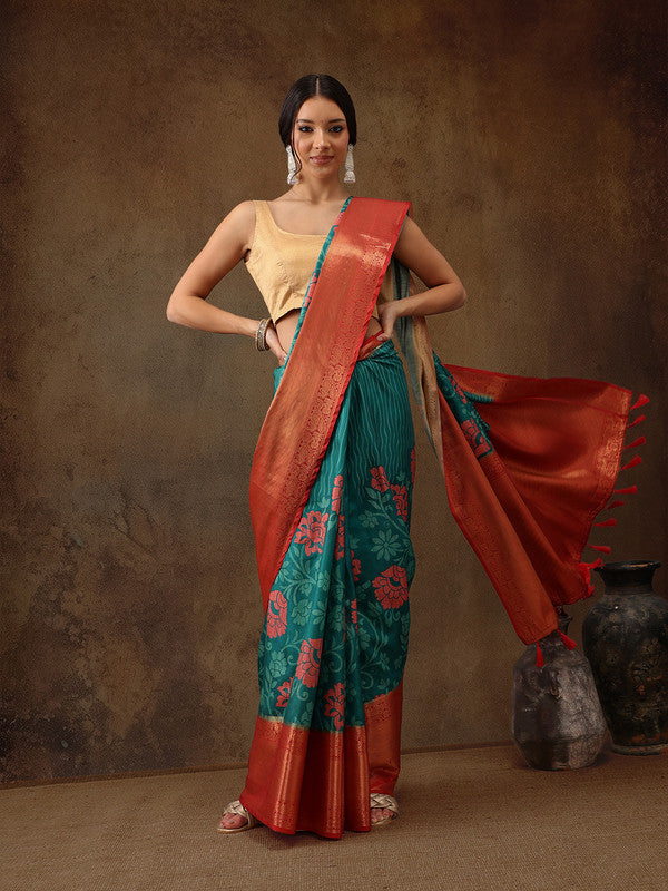 Turquoise Kanjeevaram Silk Digital Print Floral Saree with Unstitched Blouse - Hiral Fashion