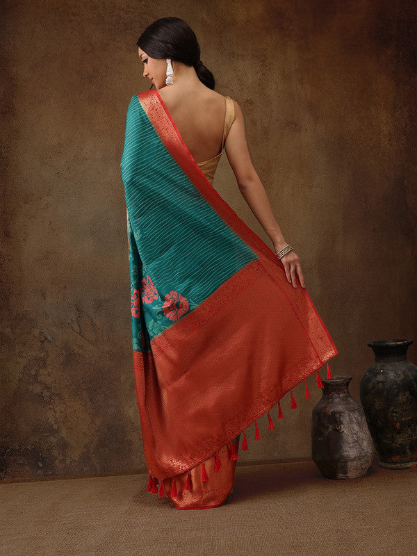 Turquoise Kanjeevaram Silk Digital Print Floral Saree with Unstitched Blouse - Hiral Fashion