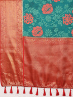 Turquoise Kanjeevaram Silk Digital Print Floral Saree with Unstitched Blouse - Hiral Fashion