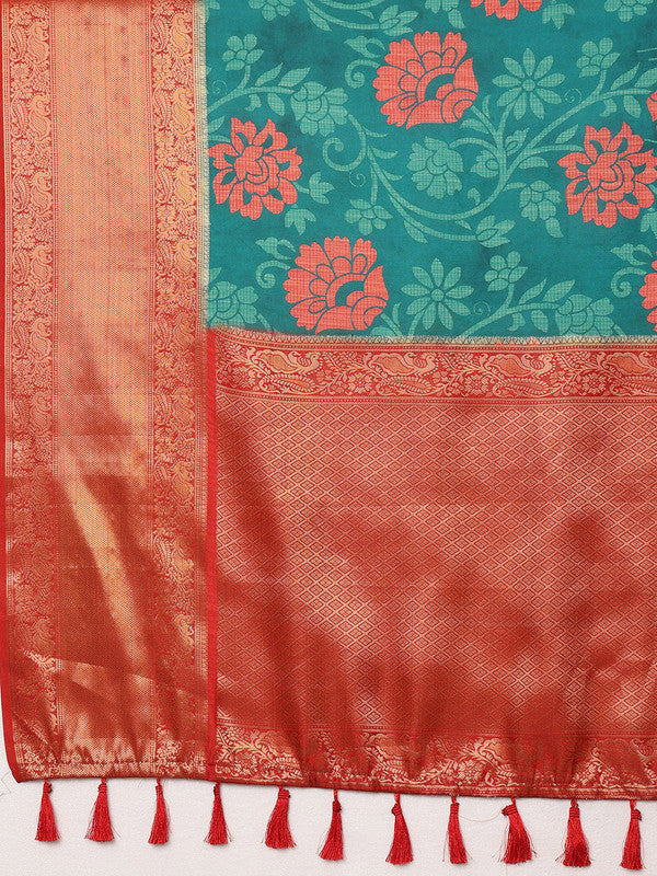 Turquoise Kanjeevaram Silk Digital Print Floral Saree with Unstitched Blouse - Hiral Fashion