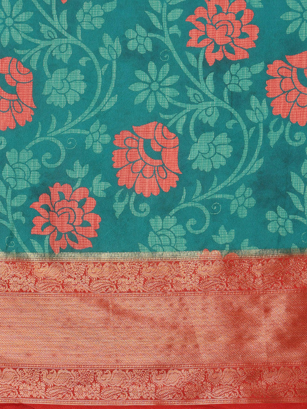 Turquoise Kanjeevaram Silk Digital Print Floral Saree with Unstitched Blouse - Hiral Fashion