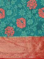 Turquoise Kanjeevaram Silk Digital Print Floral Saree with Unstitched Blouse - Hiral Fashion