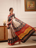 Hiral Fashion Beige Ikkat Kotha Silk Floral Digital Print Saree
