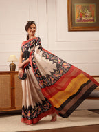 Hiral Fashion Beige Ikkat Kotha Silk Floral Digital Print Saree