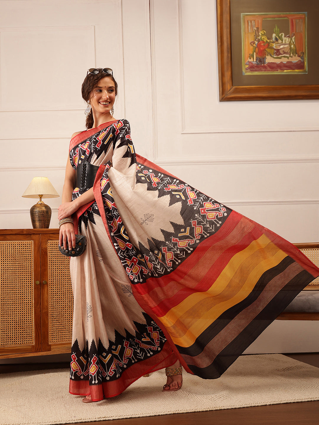 Hiral Fashion Beige Ikkat Kotha Silk Floral Digital Print Saree