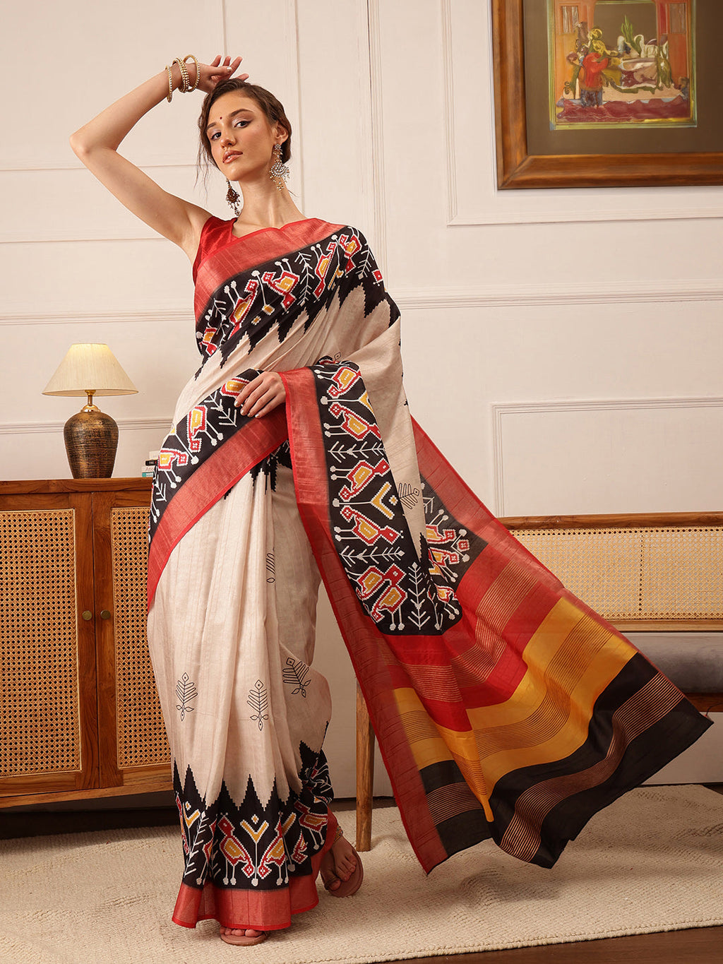 Hiral Fashion Beige Ikkat Kotha Silk Floral Digital Print Saree