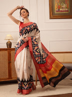 Hiral Fashion Beige Ikkat Kotha Silk Floral Digital Print Saree
