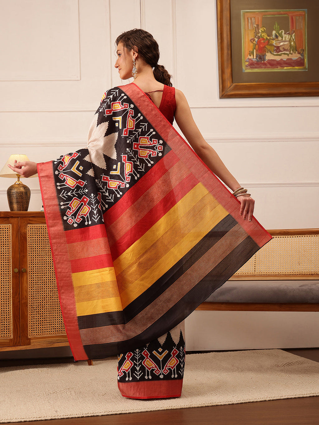 Hiral Fashion Beige Ikkat Kotha Silk Floral Digital Print Saree