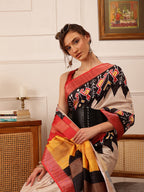 Hiral Fashion Beige Ikkat Kotha Silk Floral Digital Print Saree