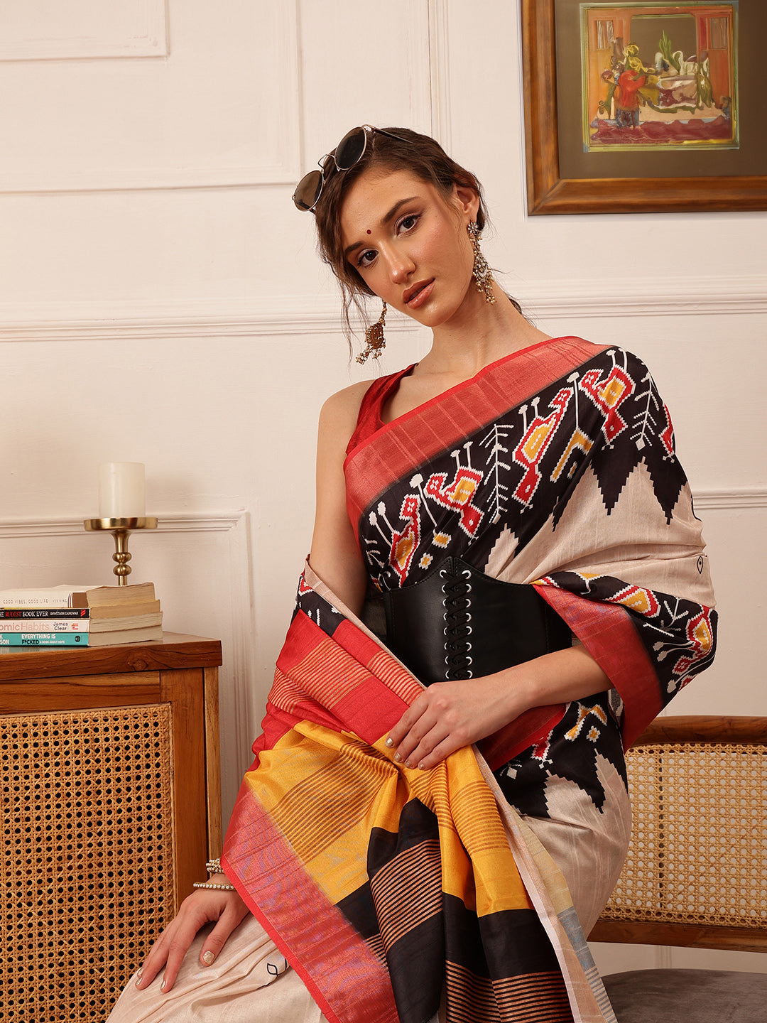 Hiral Fashion Beige Ikkat Kotha Silk Floral Digital Print Saree
