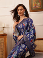 Hiral Fashion Blue Ikkat Kotha Silk Floral Digital Print Saree