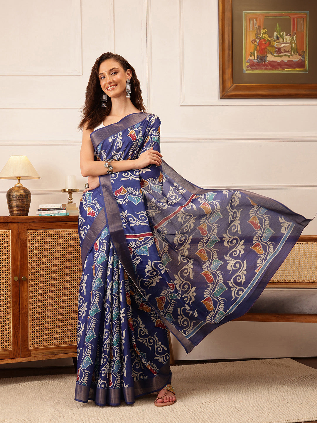 Hiral Fashion Blue Ikkat Kotha Silk Floral Digital Print Saree