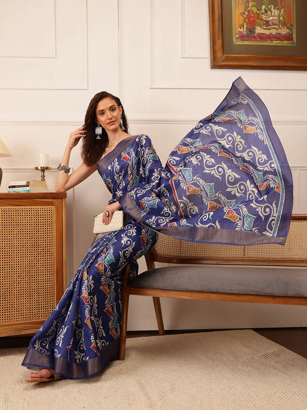 Hiral Fashion Blue Ikkat Kotha Silk Floral Digital Print Saree