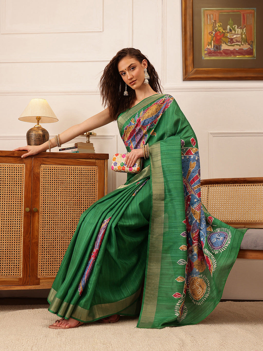 Hiral Fashion Green Ikkat Kotha Silk Floral Digital Print Saree
