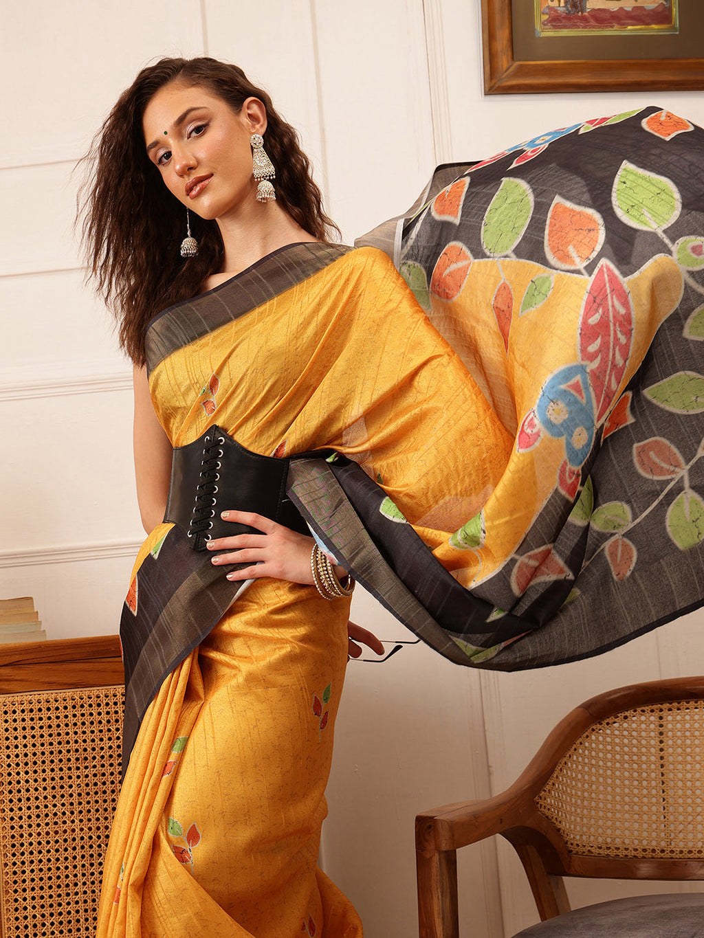 Hiral Fashion Mustard Ikkat Kotha Silk Floral Digital Print Saree