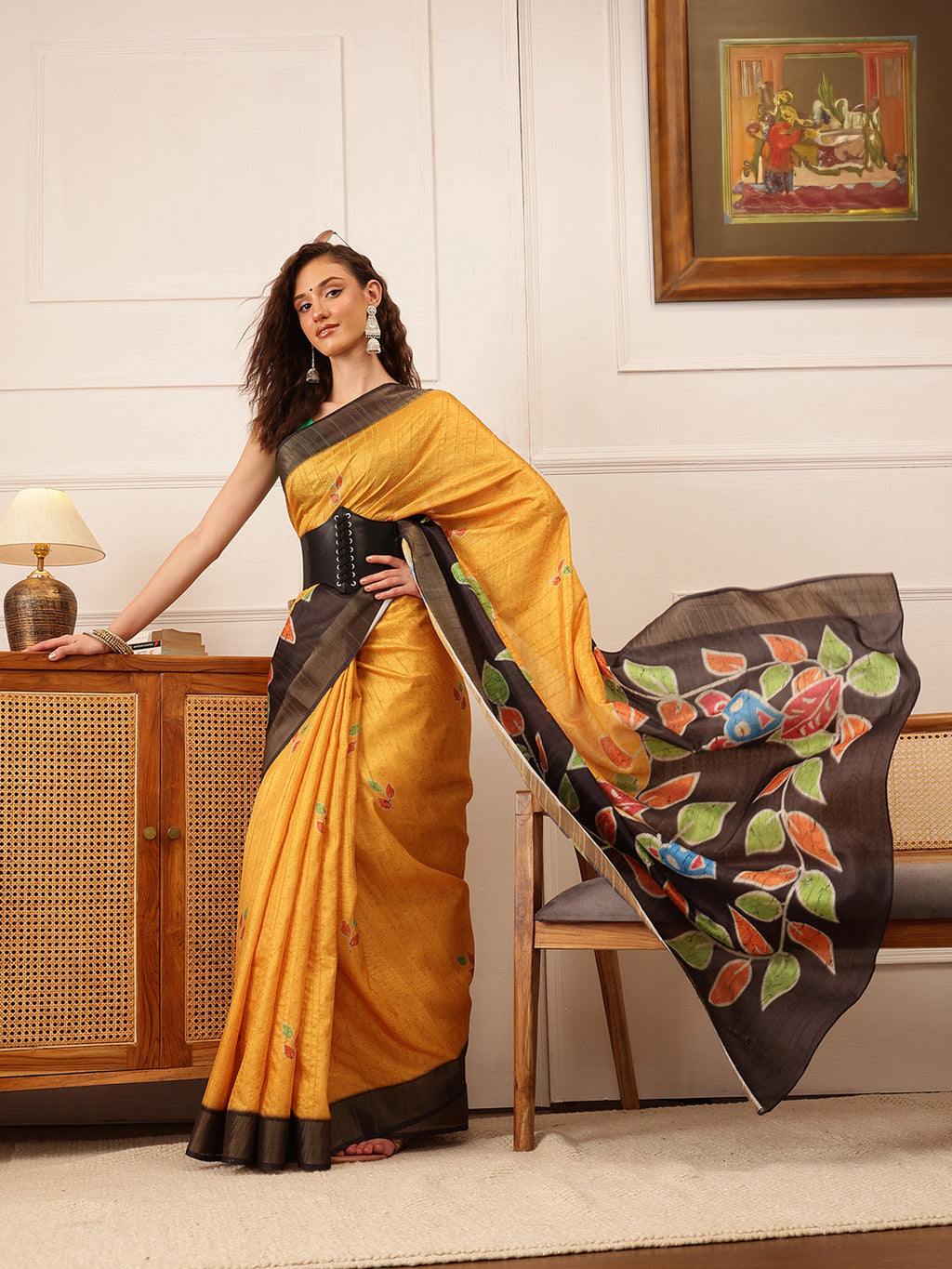 Hiral Fashion Mustard Ikkat Kotha Silk Floral Digital Print Saree