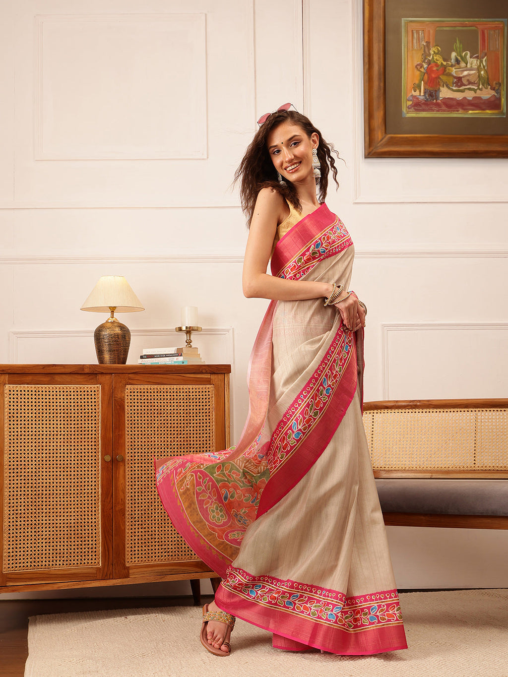 Hiral Fashion Beige Ikkat Kotha Silk Floral Digital Print Saree