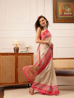 Hiral Fashion Beige Ikkat Kotha Silk Floral Digital Print Saree
