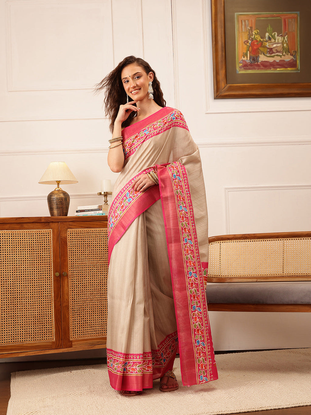Hiral Fashion Beige Ikkat Kotha Silk Floral Digital Print Saree