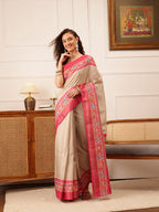 Hiral Fashion Beige Ikkat Kotha Silk Floral Digital Print Saree