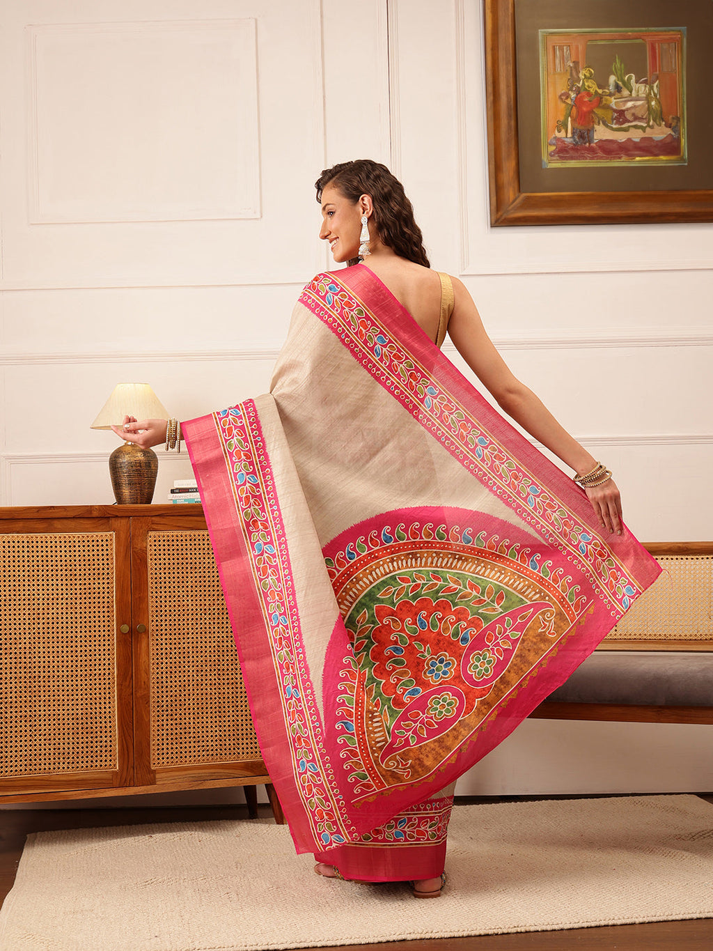 Hiral Fashion Beige Ikkat Kotha Silk Floral Digital Print Saree
