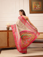 Hiral Fashion Beige Ikkat Kotha Silk Floral Digital Print Saree