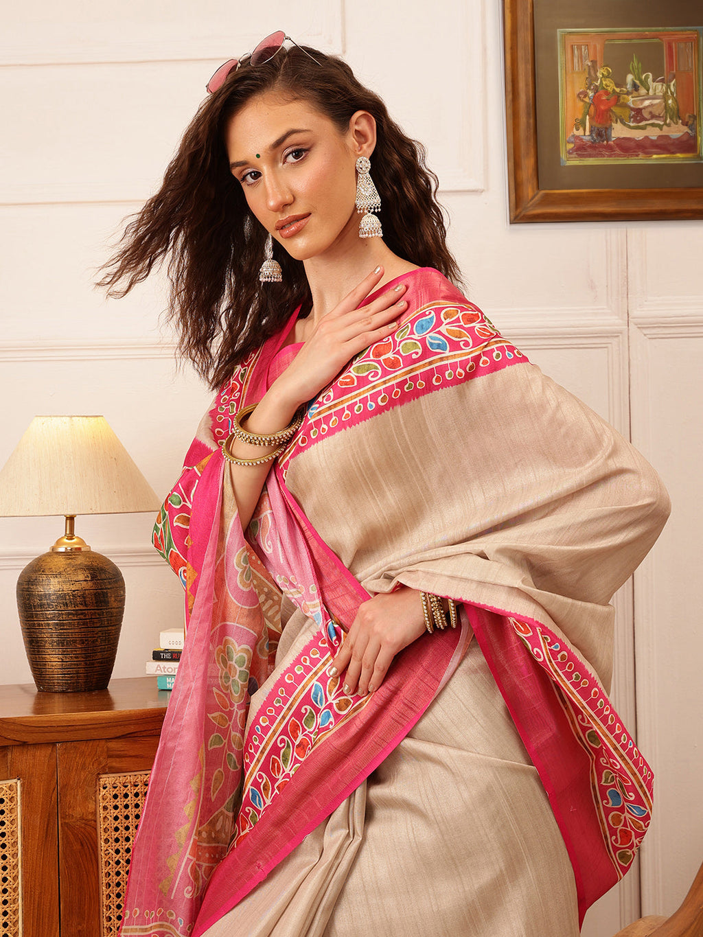 Hiral Fashion Beige Ikkat Kotha Silk Floral Digital Print Saree