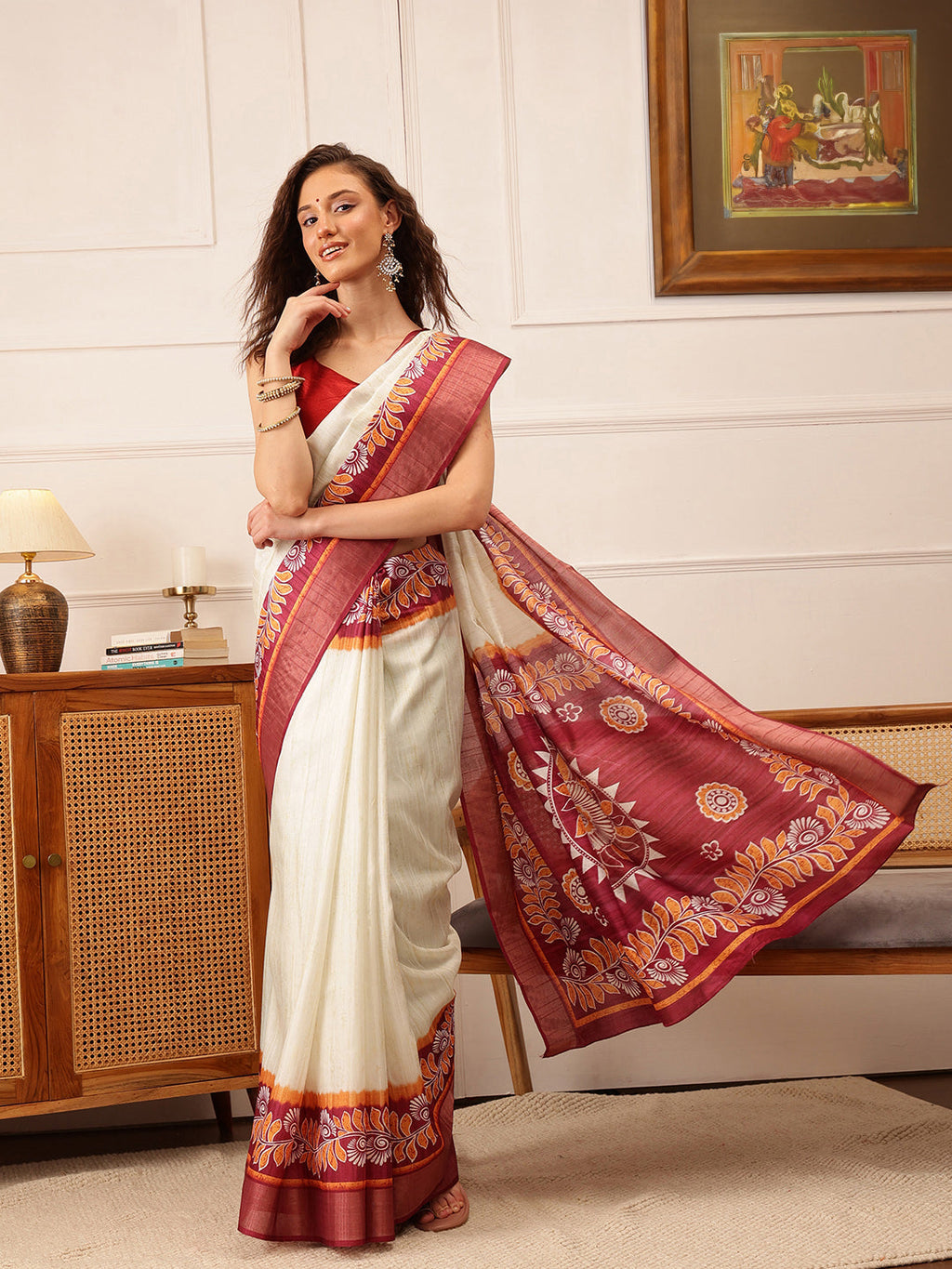 Hiral Fashion Off White Ikkat Kotha Silk Floral Digital Print Saree