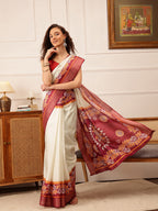 Hiral Fashion Off White Ikkat Kotha Silk Floral Digital Print Saree