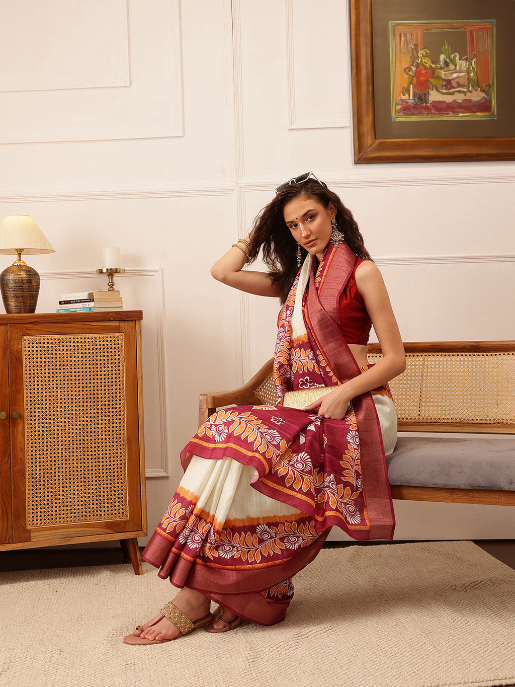 Hiral Fashion Off White Ikkat Kotha Silk Floral Digital Print Saree