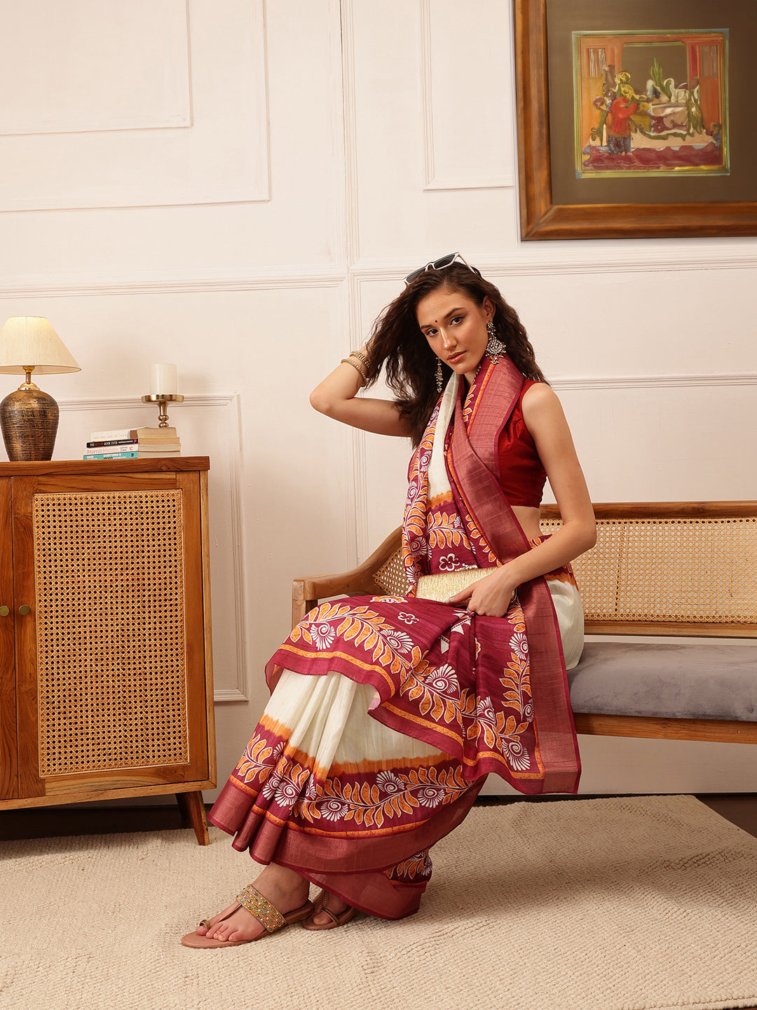 Hiral Fashion Off White Ikkat Kotha Silk Floral Digital Print Saree