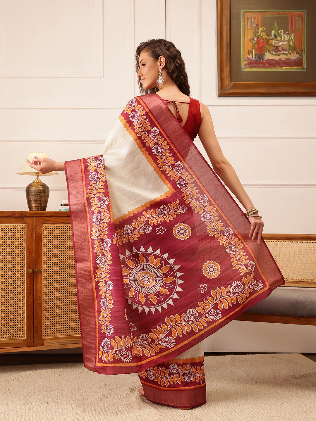 Hiral Fashion Off White Ikkat Kotha Silk Floral Digital Print Saree