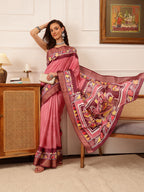 Hiral Fashion Pink Ikkat Kotha Silk Floral Digital Print Saree