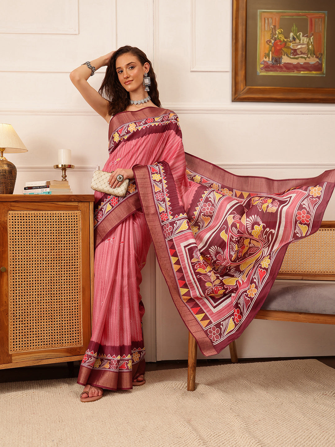 Hiral Fashion Pink Ikkat Kotha Silk Floral Digital Print Saree