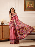 Hiral Fashion Pink Ikkat Kotha Silk Floral Digital Print Saree