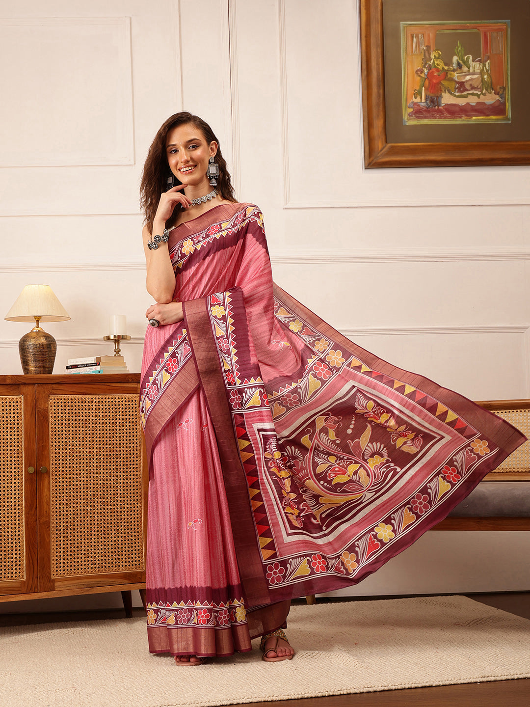 Hiral Fashion Pink Ikkat Kotha Silk Floral Digital Print Saree
