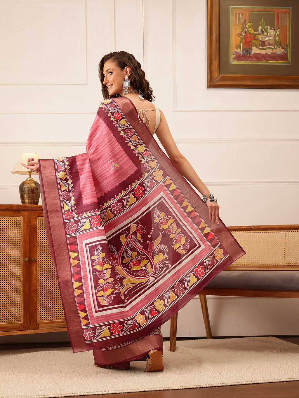 Hiral Fashion Pink Ikkat Kotha Silk Floral Digital Print Saree