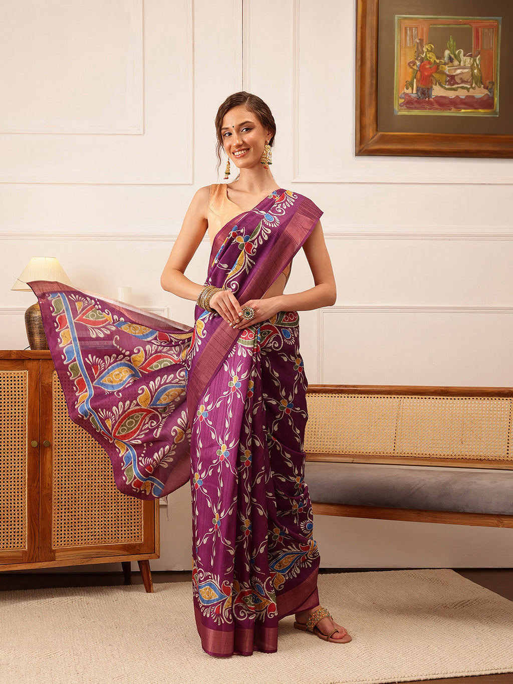 Hiral Fashion Purple Ikkat Kotha Silk Floral Digital Print Saree