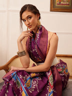 Hiral Fashion Purple Ikkat Kotha Silk Floral Digital Print Saree