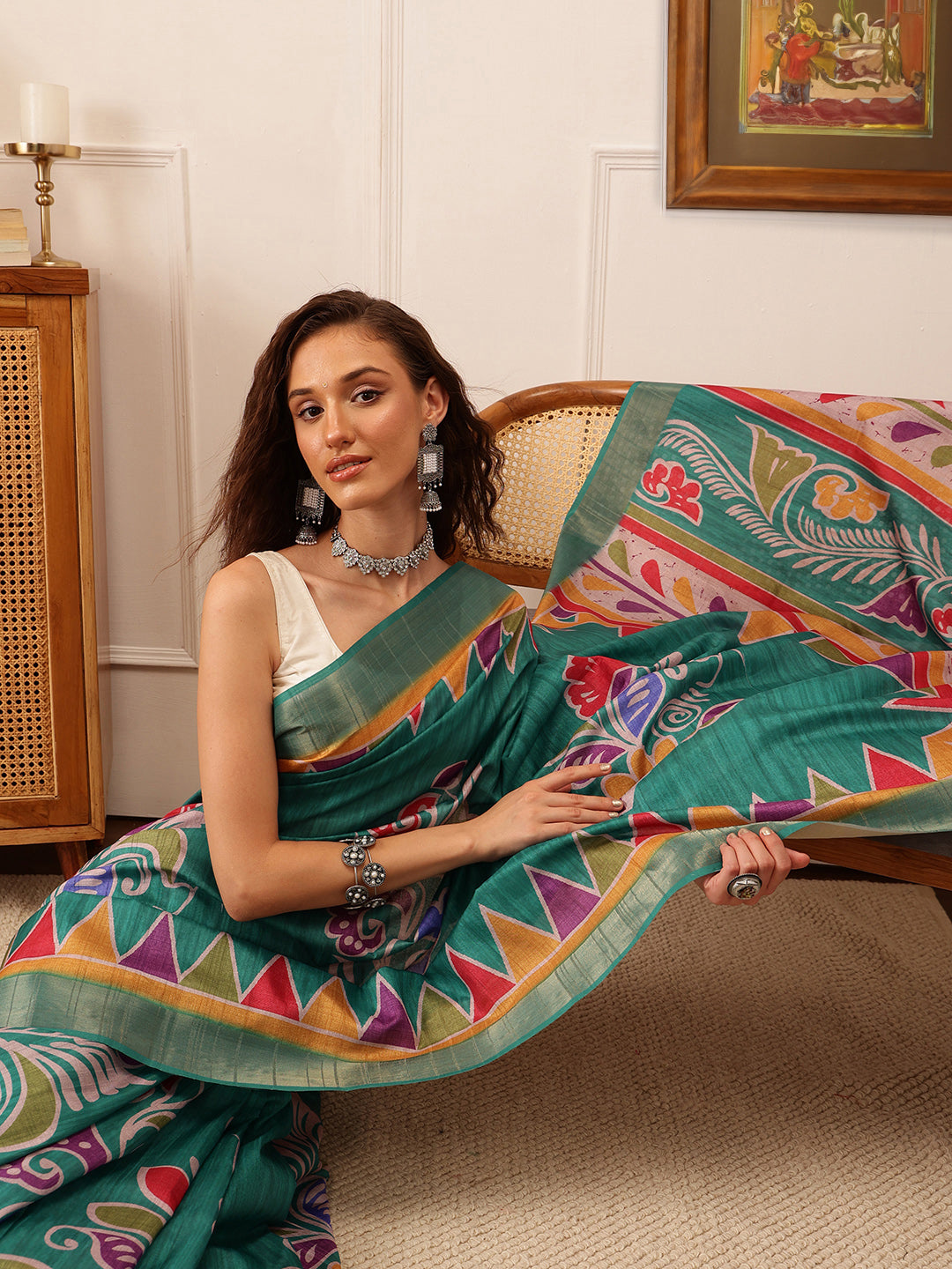 Hiral Fashion Teal Ikkat Kotha Silk Floral Digital Print Saree