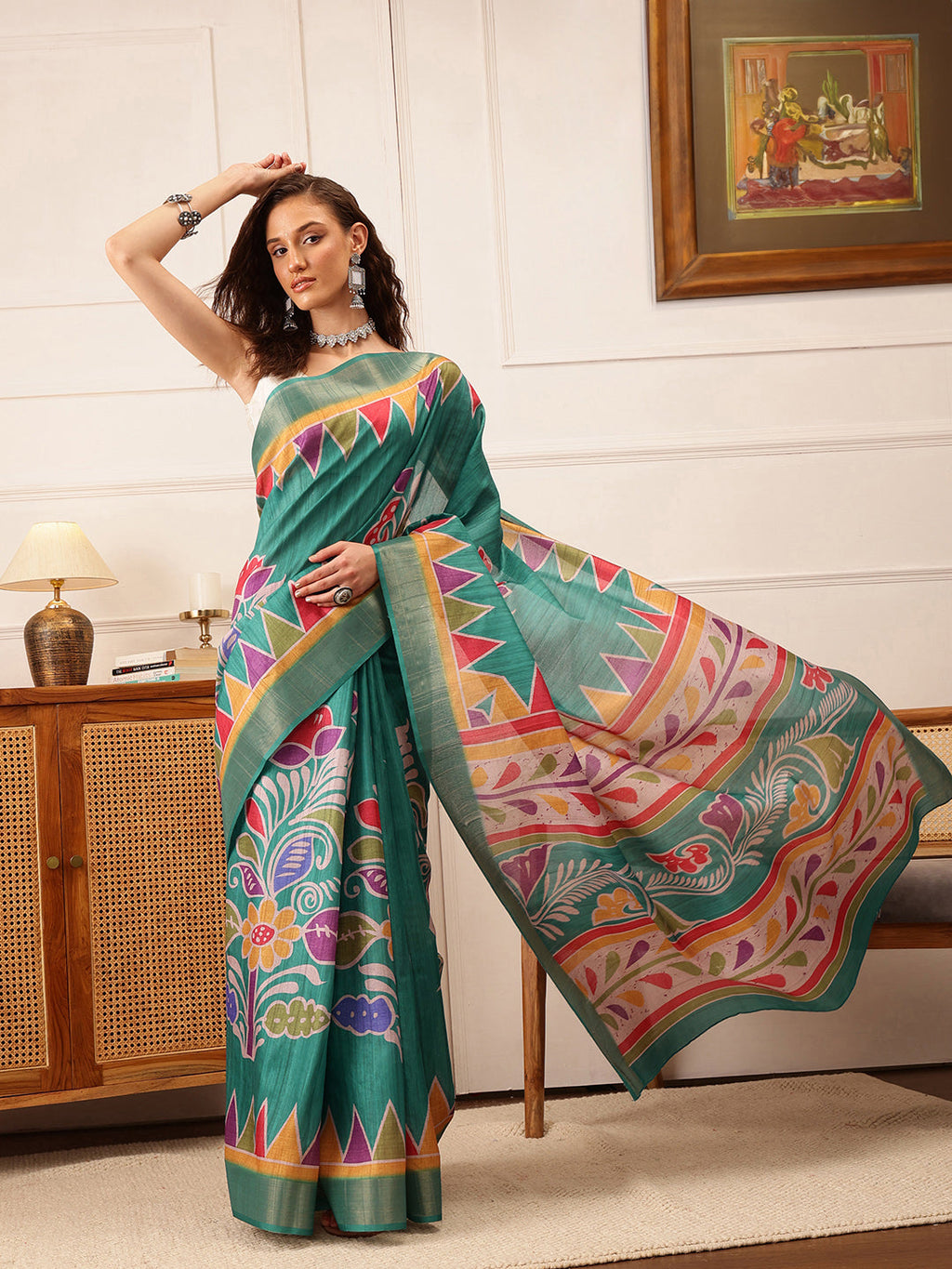 Hiral Fashion Teal Ikkat Kotha Silk Floral Digital Print Saree