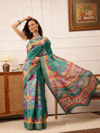 Hiral Fashion Teal Ikkat Kotha Silk Floral Digital Print Saree
