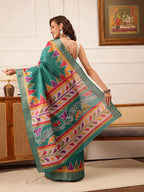 Hiral Fashion Teal Ikkat Kotha Silk Floral Digital Print Saree