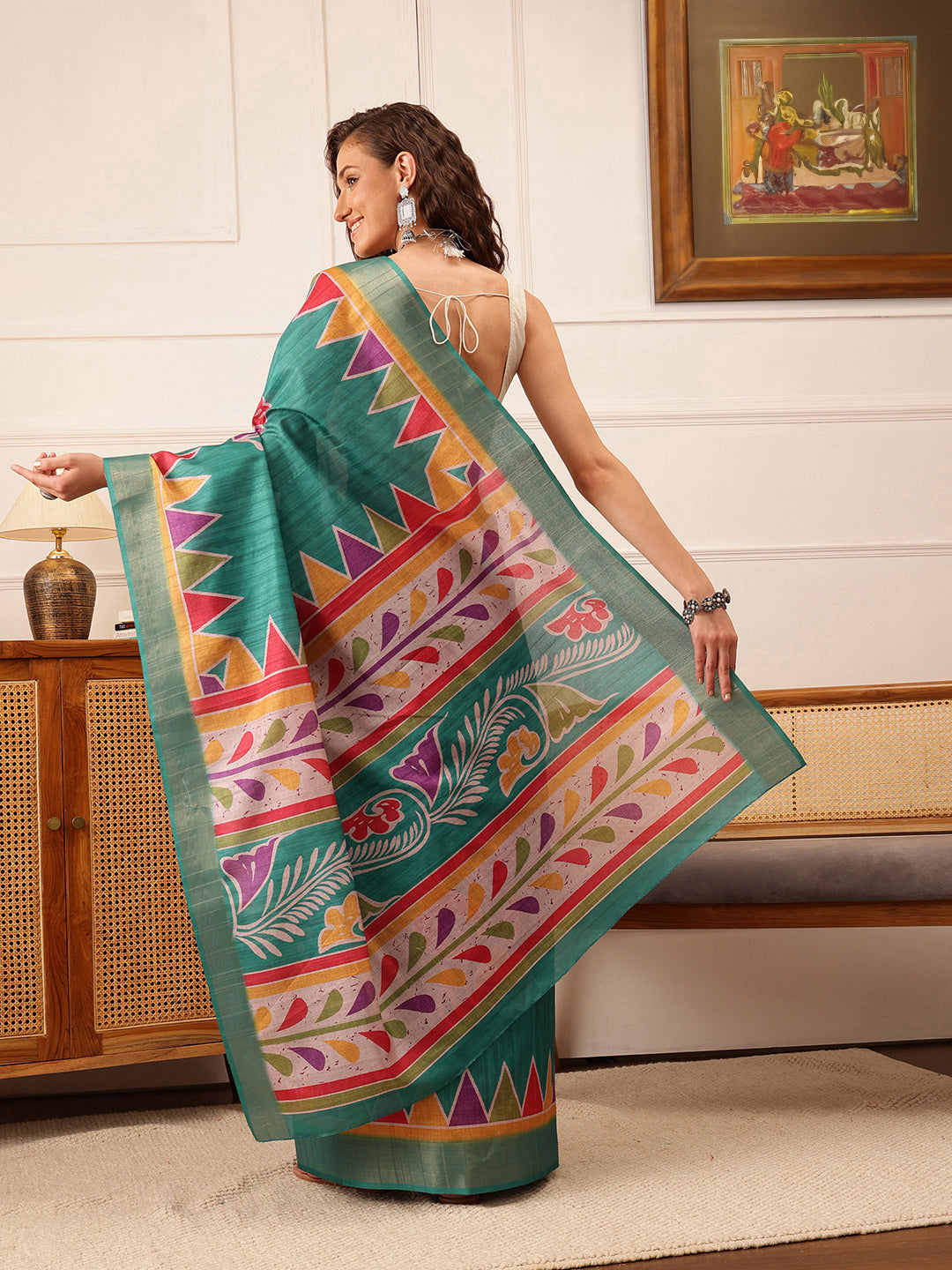 Hiral Fashion Teal Ikkat Kotha Silk Floral Digital Print Saree